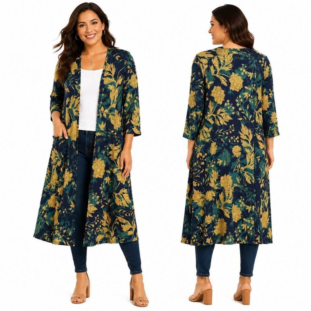 LuLaRoe Sarah M Navy Floral Duster Cardigan Pockets
